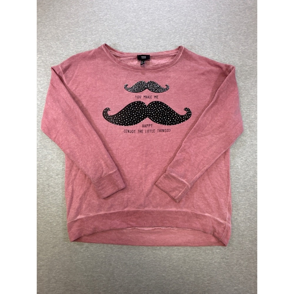 MNG Jeans Pink Mustache‎ Rhinestone Graphic Sweatshirt Womens Medium Pullover